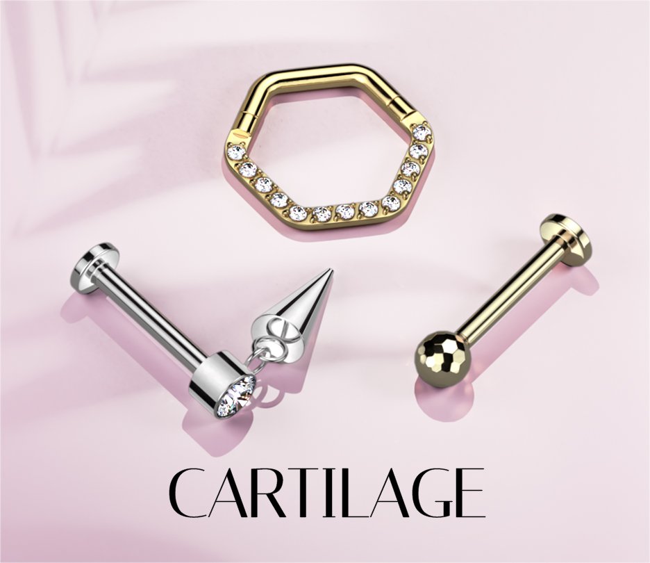 Wholesale cartilage jewelry: featuring cartilage barbells, flat-back studs, helix rings, and more.