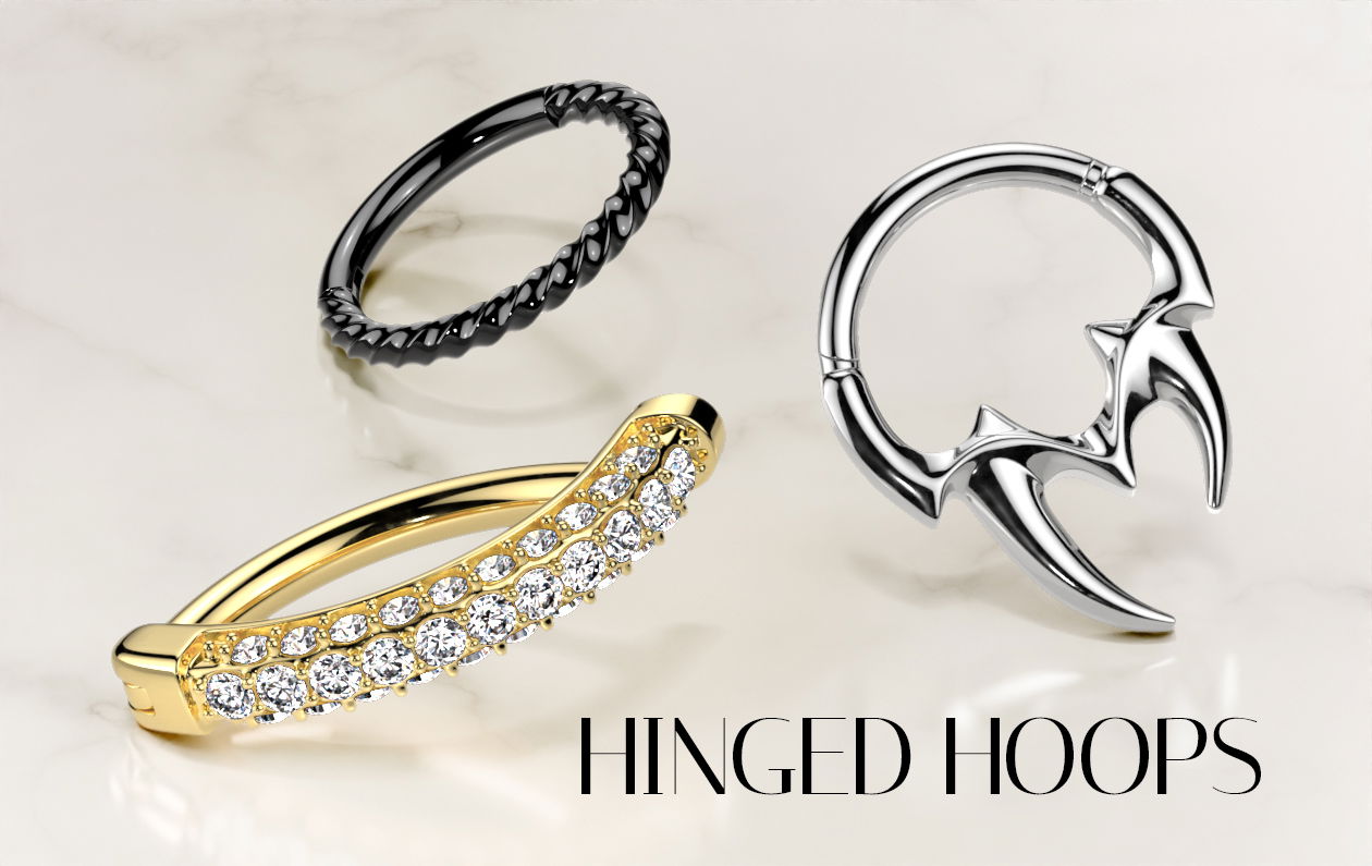 Hoops: hinged, bendable, clickers, and more for all your piercing demands and styling desires.