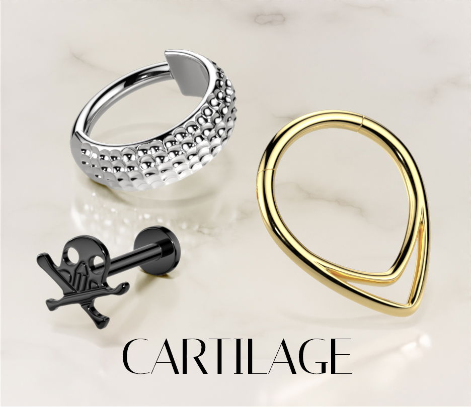 Wholesale cartilage jewelry: featuring cartilage barbells, flat-back studs, helix rings, and more.
