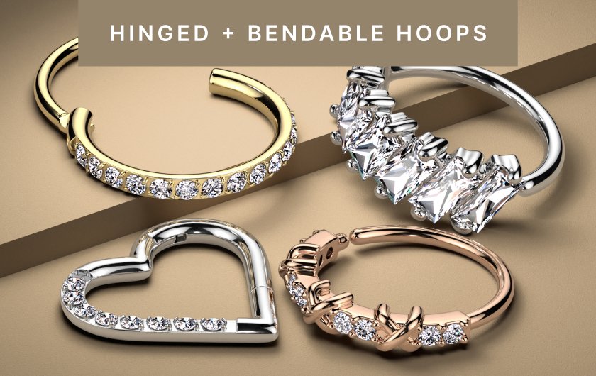 Hoops: hinged, bendable, clickers, and more for all your piercing demands and styling desires.
