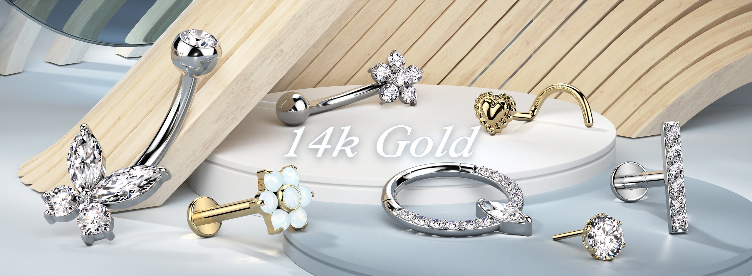 Luxurious body jewelry in solid 14K yellow or white gold.